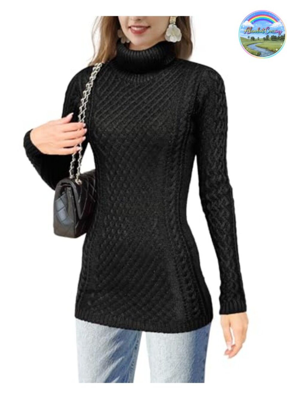 Women's Cotton Viscose Turtle Cowl Neck Cable Knit Fisherman Sweater